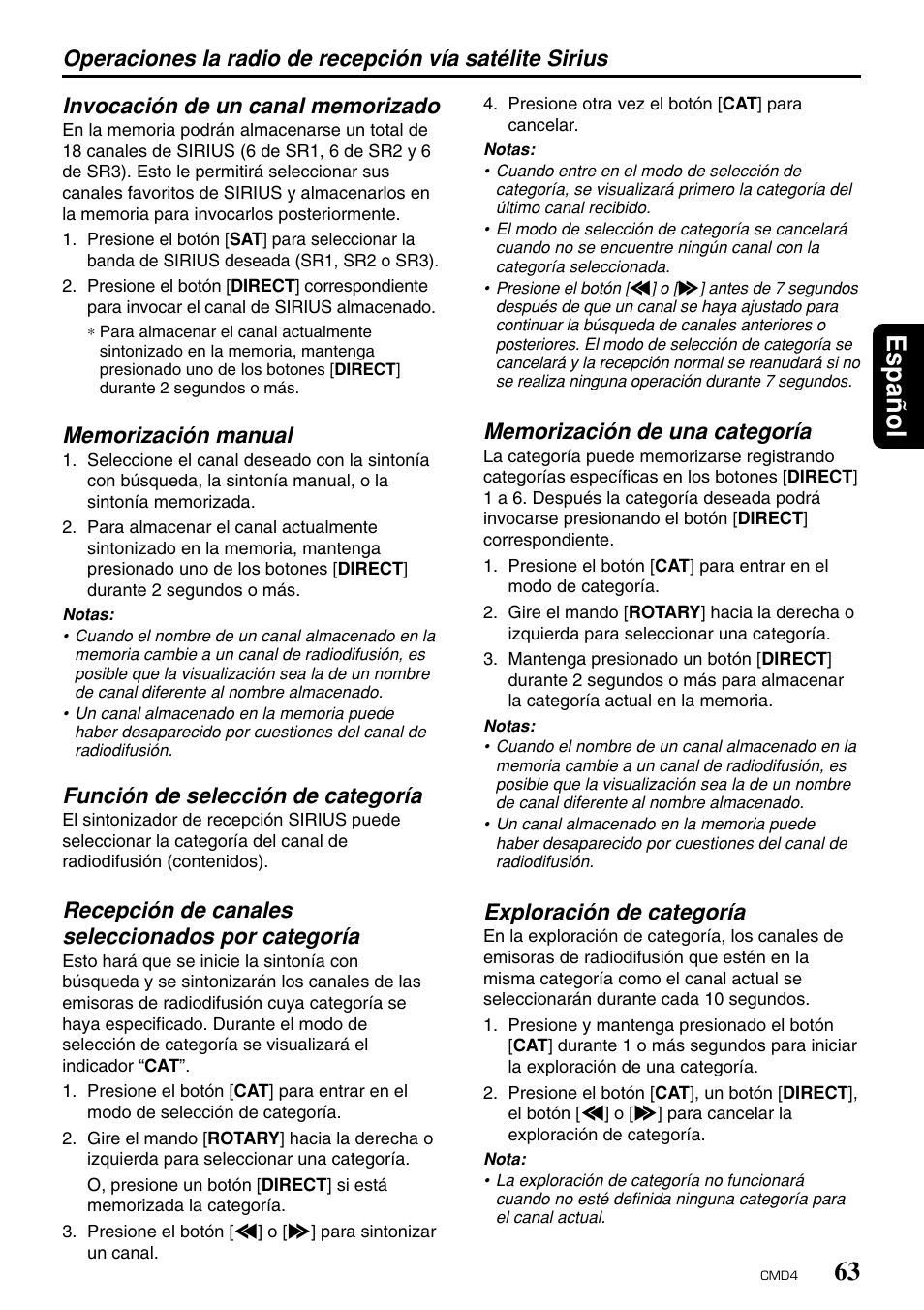 Espa ñ ol, Función de selección de categoría, Recepción de canales seleccionados por categoría | Exploración de categoría | Clarion CMD4 User Manual | Page 66 / 73