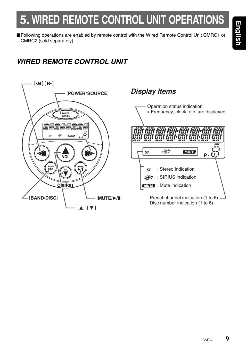 Wired remote control unit operations, Wired remote control unit, 9english | Display items | Clarion CMD4 User Manual | Page 7 / 73
