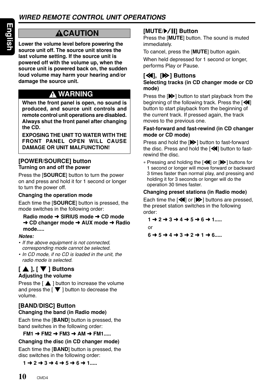 English caution, Warning, Wired remote control unit operations | Clarion CMD4 User Manual | Page 8 / 73