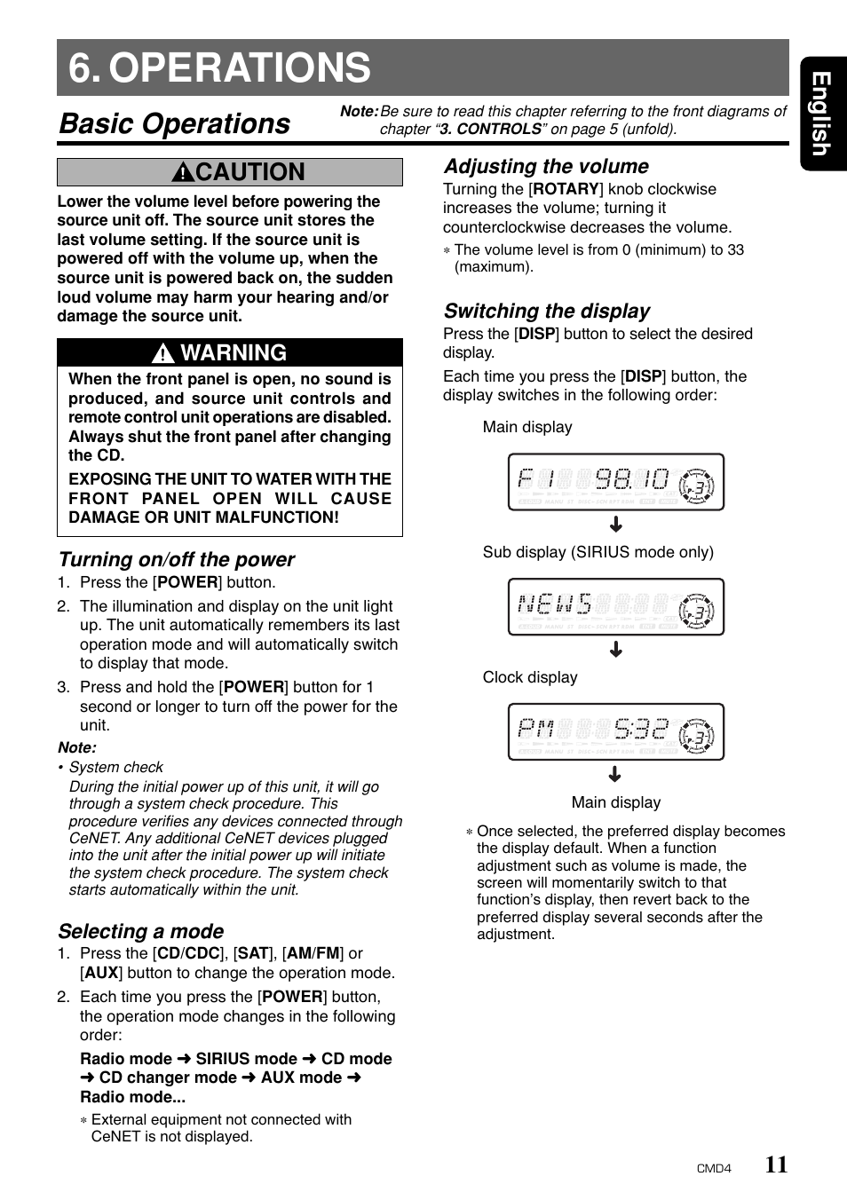Operations, Basic operations, 11 english | Caution, Warning, Adjusting the volume, Switching the display, Turning on/off the power, Selecting a mode | Clarion CMD4 User Manual | Page 9 / 73