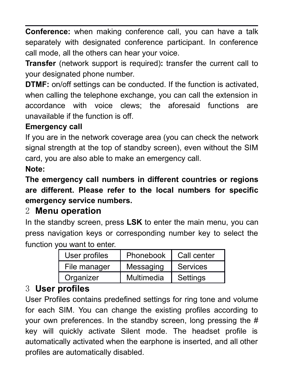 Emergency call, 2 menu operation, 3 user profiles | Mergency, Call, 2menu operation, 3user profiles | Verykool R16 User Manual | Page 12 / 21