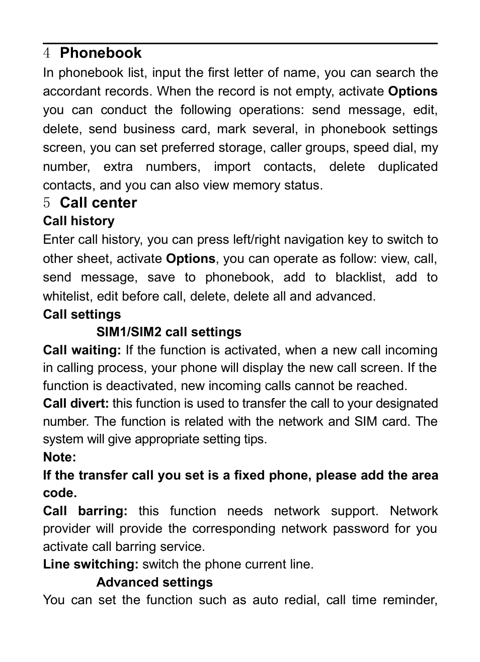 4 phonebook, 5 call center, Call history | Call settings, Sim1/sim2 call settings, Advanced settings, 4phonebook, 5call center, History, Settings | Verykool R16 User Manual | Page 13 / 21