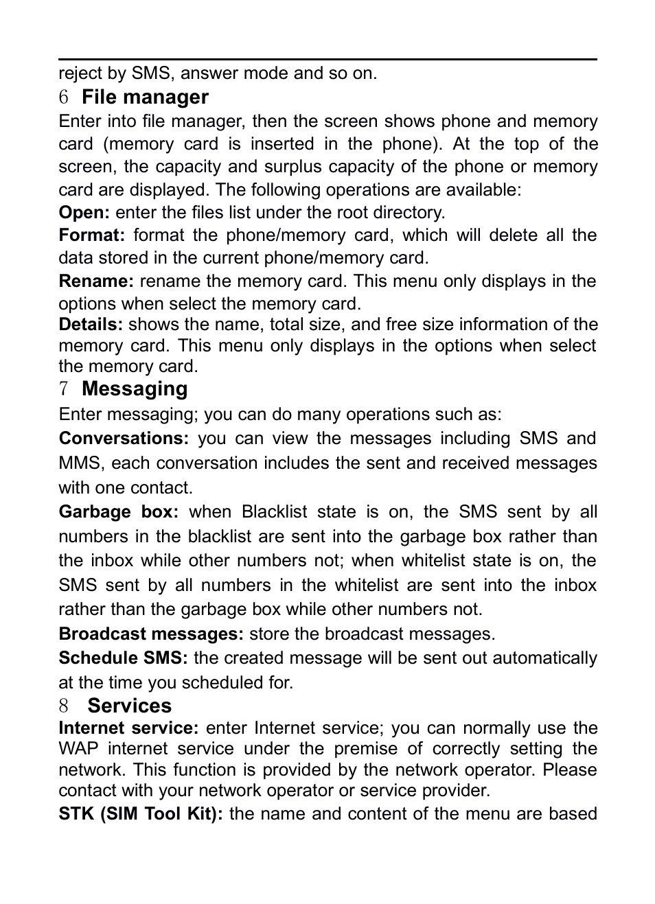 6 file manager, 7 messaging, 8 services | 6file manager, 7messaging | Verykool R16 User Manual | Page 14 / 21