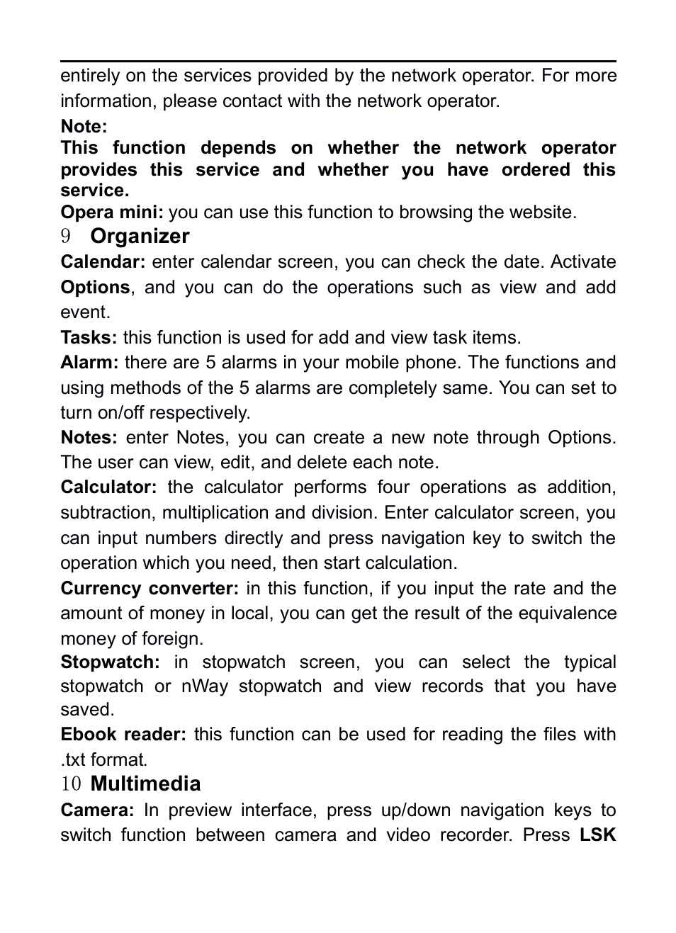 9 organizer, 10 multimedia | Verykool R16 User Manual | Page 15 / 21