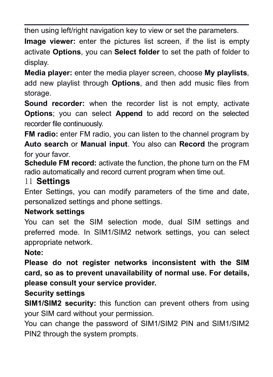 11 settings, Network settings, Security settings | Etwork, Settings, Ecurity | Verykool R16 User Manual | Page 16 / 21