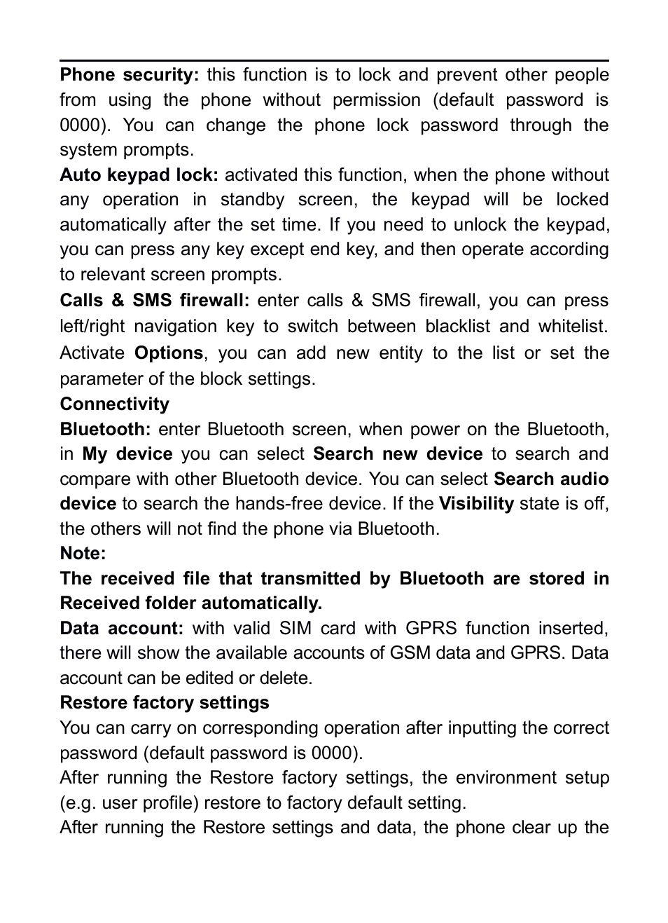 Connectivity, Restore factory settings, Onnectivity | Estore, Factory, Settings | Verykool R16 User Manual | Page 17 / 21