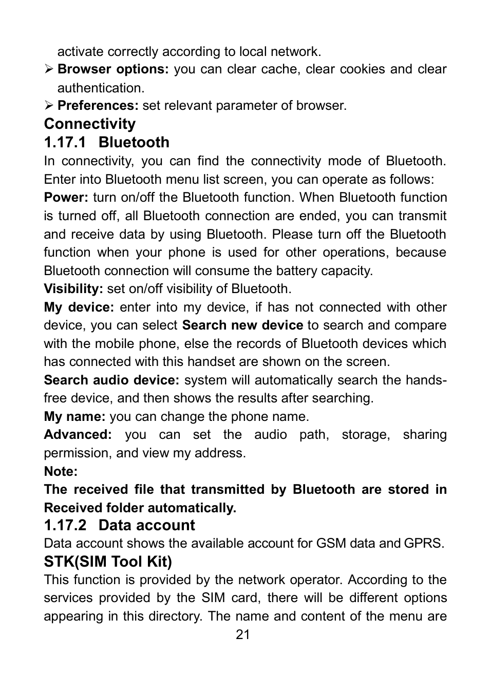 17 connectivity, 1 bluetooth, 2 data account | 18 stk(sim tool kit) | Verykool R23 User Manual | Page 26 / 41