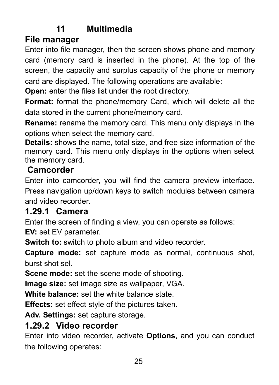 28 file manager, 29 camcorder, 1 camera | 2 video recorder | Verykool R23 User Manual | Page 30 / 41