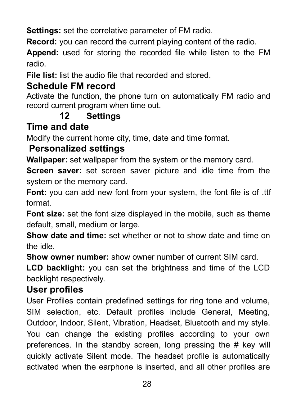 34 schedule fm record, 35 time and date, 36 personalized settings | 37 user profiles | Verykool R23 User Manual | Page 33 / 41