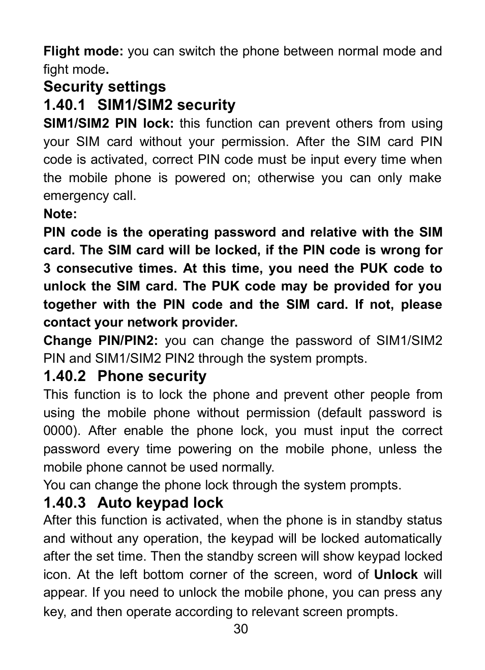 40 security settings, 1 sim1/sim2 security, 2 phone security | 3 auto keypad lock | Verykool R23 User Manual | Page 35 / 41