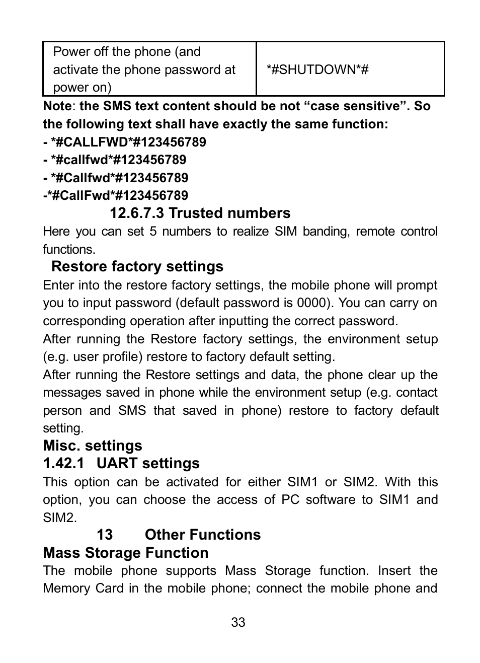 41 restore factory settings, 42 misc. settings, 1 uart settings | 43 mass storage function | Verykool R23 User Manual | Page 38 / 41