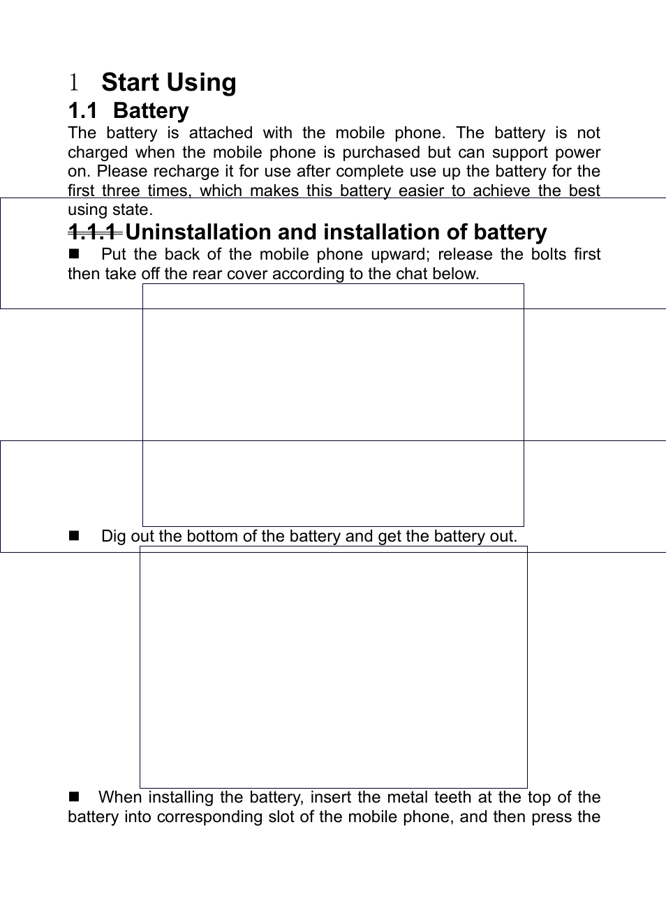 1 start using, 1 battery, 1 uninstallation and installation of battery | 1start using, Attery, 1uninstallation and installation of battery | Verykool R80 User Manual | Page 10 / 41