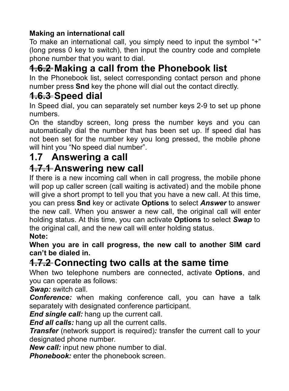2 making a call from the phonebook list, 3 speed dial, 7 answering a call | 1 answering new call, 2 connecting two calls at the same time, 2making a call from the phonebook list, 3speed dial, Nswering, Call, 1answering new call | Verykool R80 User Manual | Page 17 / 41