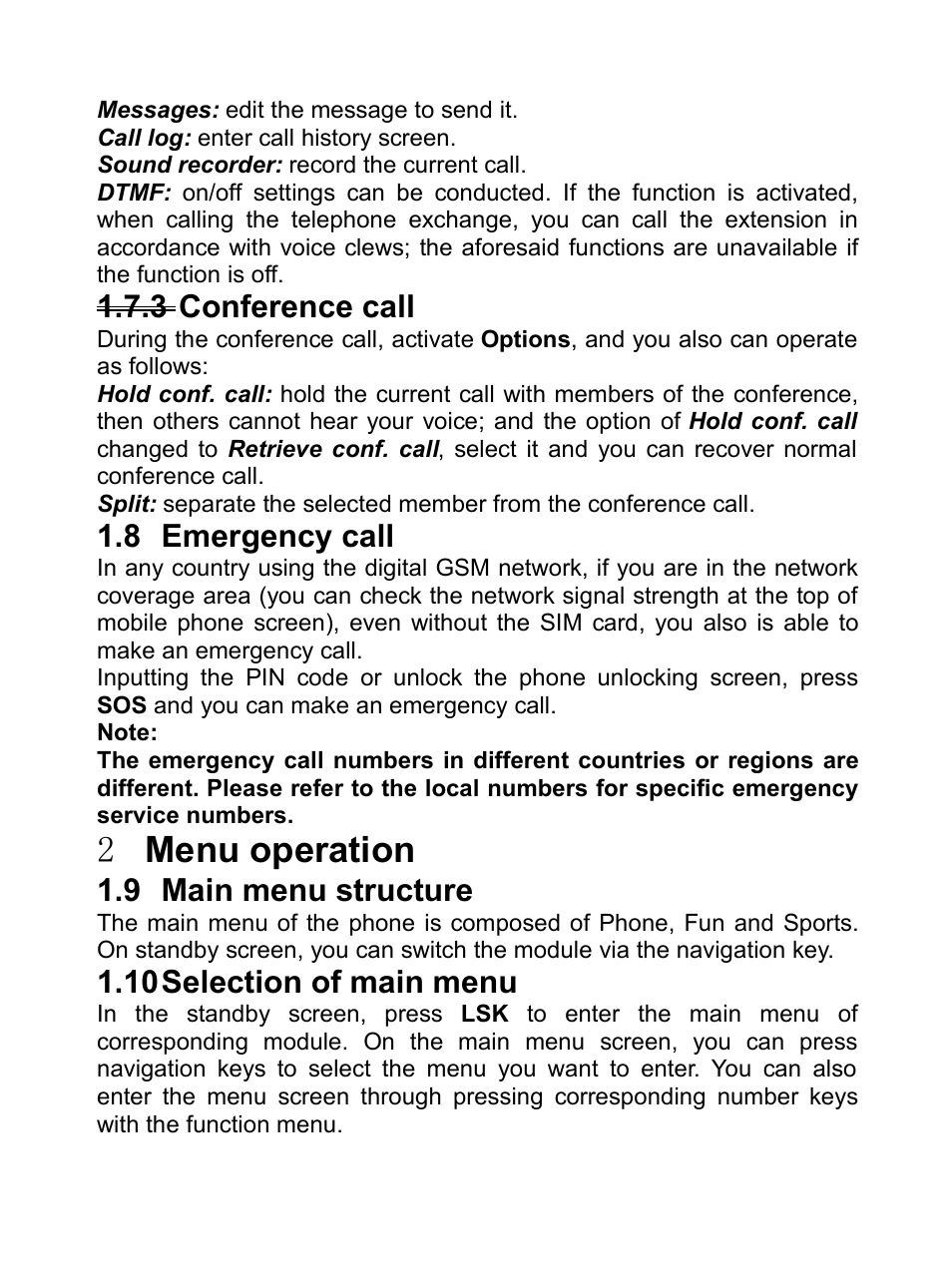 3 conference call, 8 emergency call, 2 menu operation | 9 main menu structure, 10 selection of main menu, 3conference call, Mergency, Call, 2menu operation, Menu | Verykool R80 User Manual | Page 18 / 41