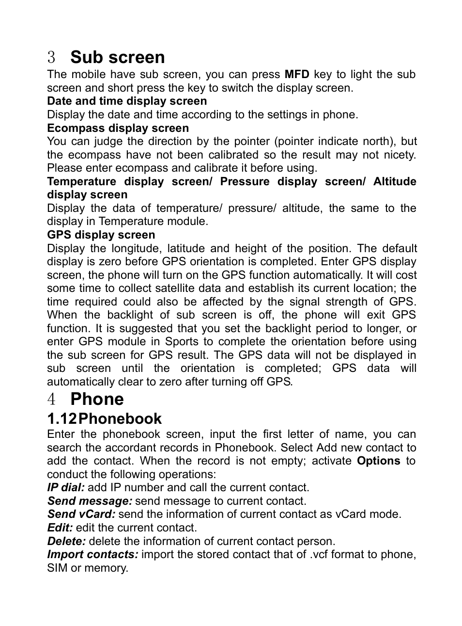 3 sub screen, 4 phone, 12 phonebook | 3sub screen, 4phone, Honebook | Verykool R80 User Manual | Page 20 / 41