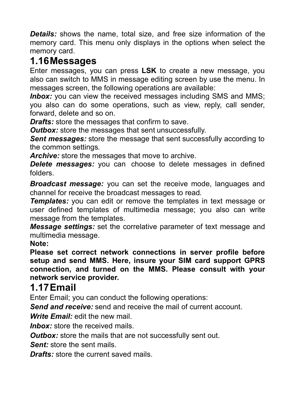 16 messages, 17 email, Essages | Mail, 16messages, 17email | Verykool R80 User Manual | Page 22 / 41