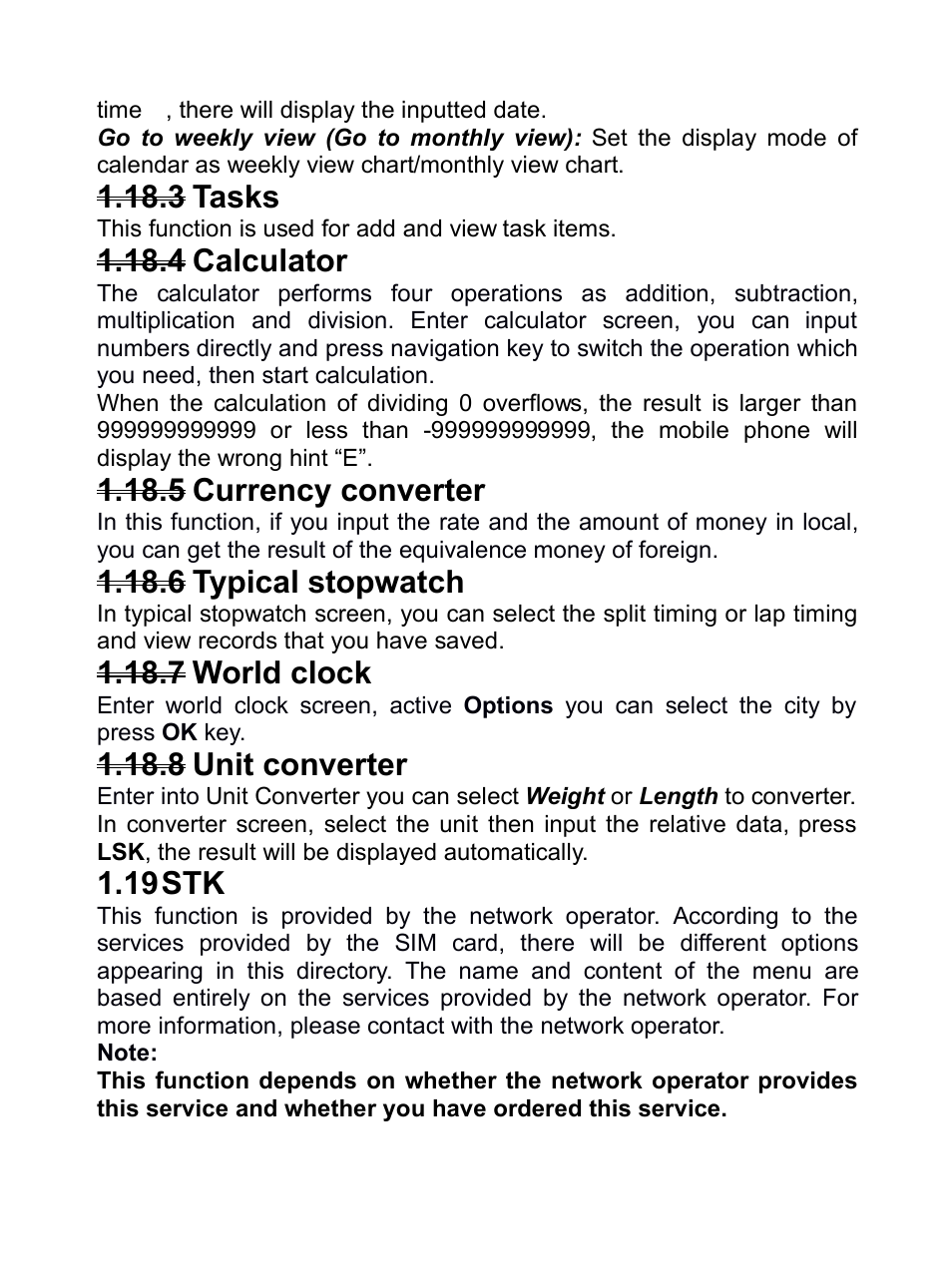 3 tasks, 4 calculator, 5 currency converter | 6 typical stopwatch, 7 world clock, 8 unit converter, 19 stk, 3tasks, 4calculator, 5currency converter | Verykool R80 User Manual | Page 24 / 41