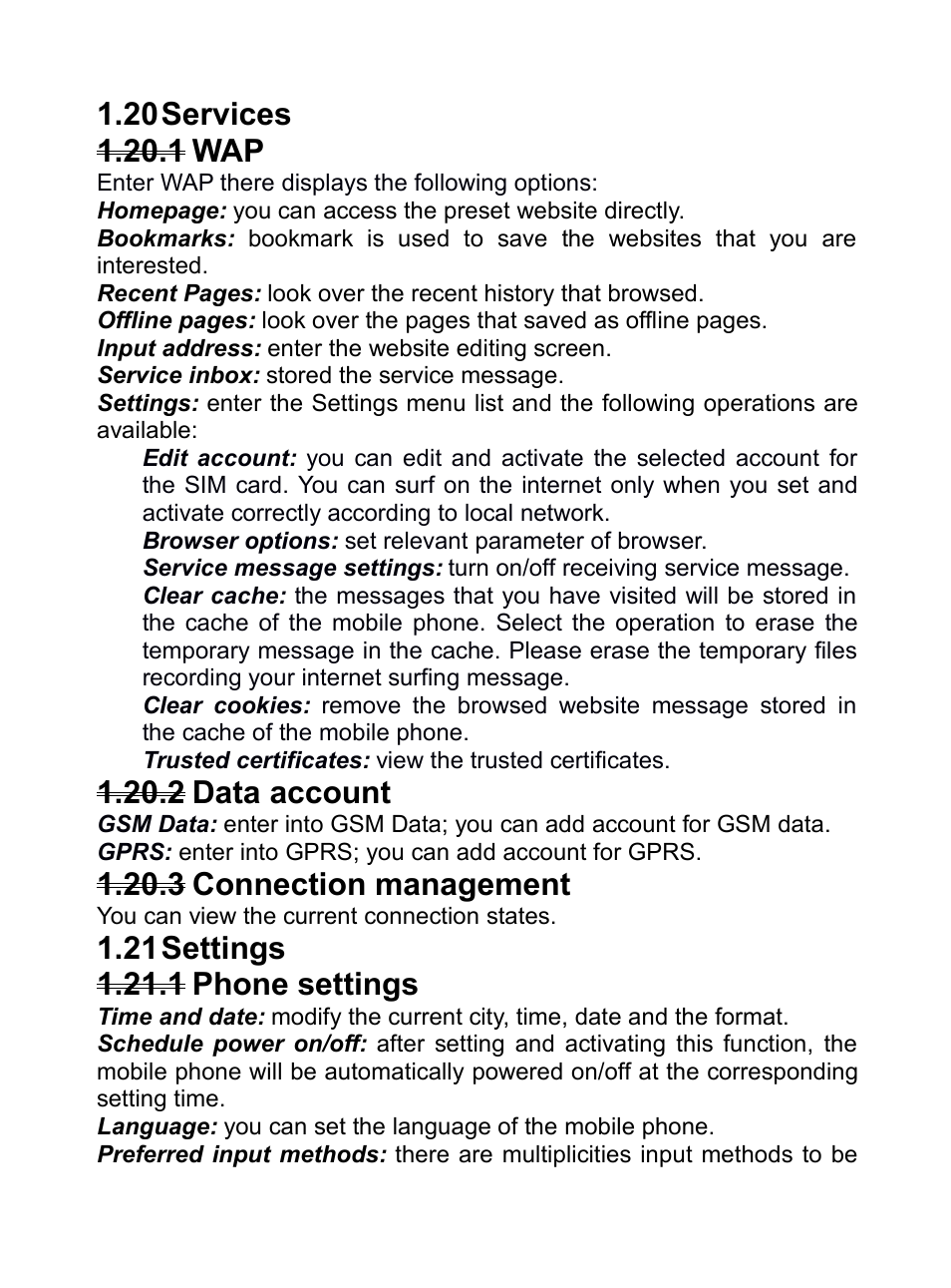 20 services, 1 wap, 2 data account | 3 connection management, 21 settings, 1 phone settings, Ervices, 1wap, 2data account, 3connection management | Verykool R80 User Manual | Page 25 / 41