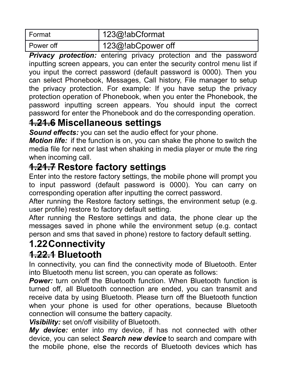 6 miscellaneous settings, 7 restore factory settings, 22 connectivity | 1 bluetooth, 6miscellaneous settings, 7restore factory settings, Onnectivity, 1bluetooth | Verykool R80 User Manual | Page 29 / 41