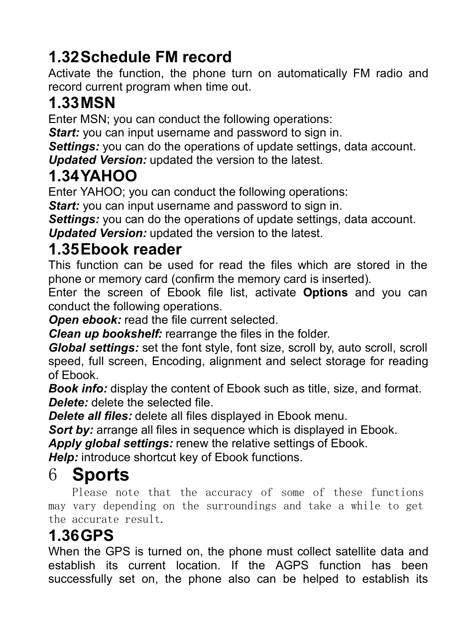 32 schedule fm record, 33 msn, 34 yahoo | 35 ebook reader, 6 sports, 36 gps, Chedule, Record, 33msn, 34yahoo | Verykool R80 User Manual | Page 33 / 41