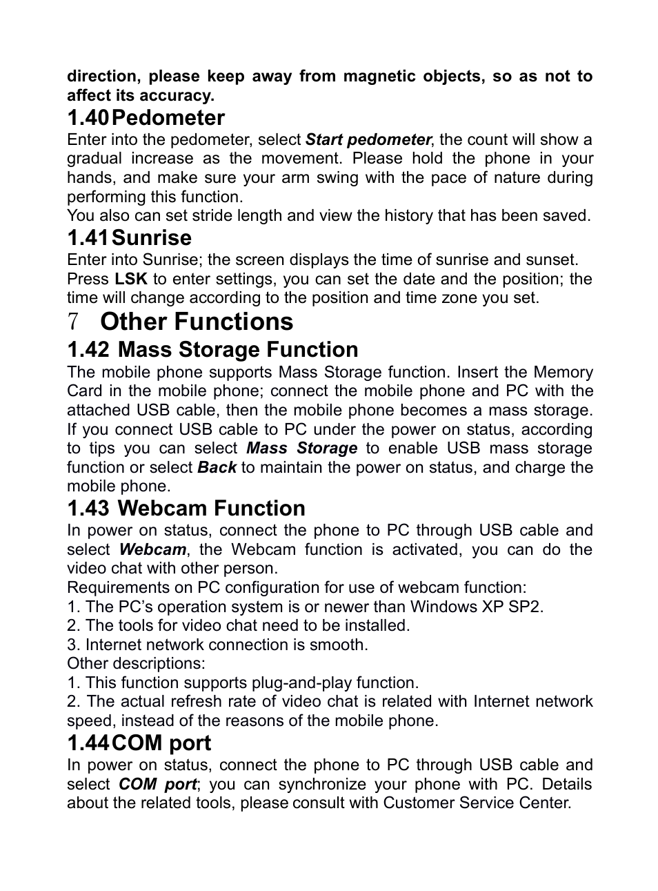 40 pedometer, 41 sunrise, 7 other functions | 42 mass storage function, 43 webcam function, 44 com port, Edometer, Unrise, 7other functions, 42 m | Verykool R80 User Manual | Page 35 / 41