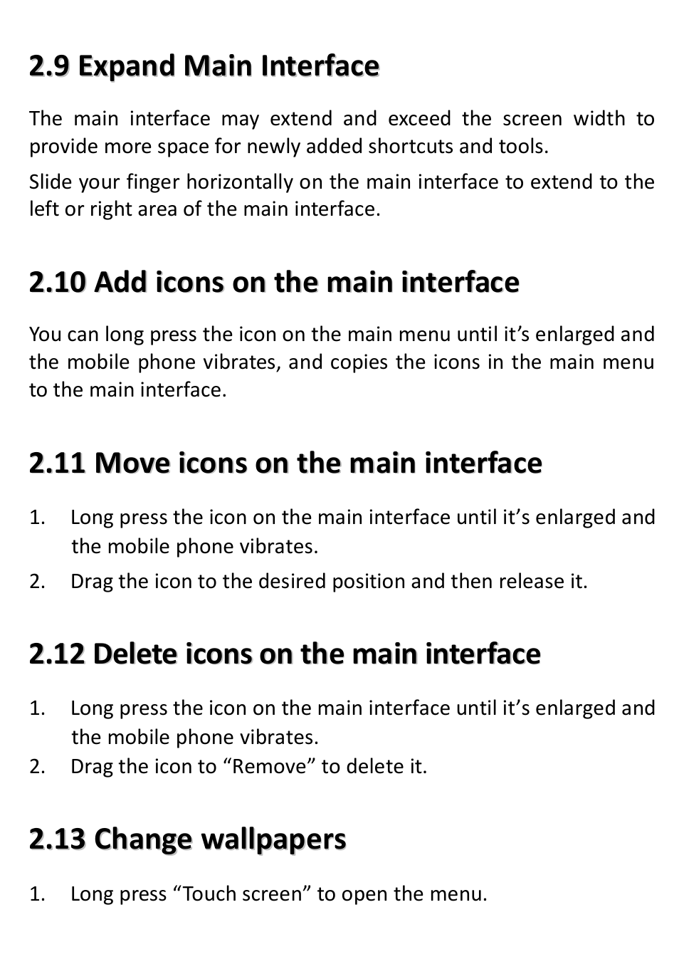Expand main interface, Add icons on the main interface, Move icons on the main interface | Delete icons on the main interface, Change wallpapers | Verykool s5012 User Manual | Page 12 / 28