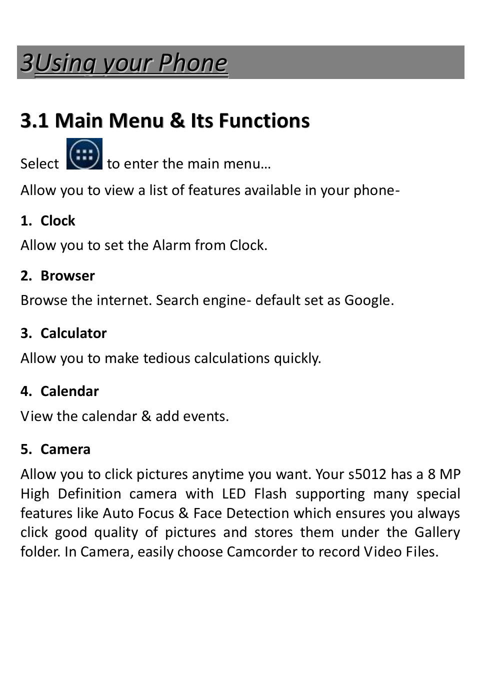 Using your phone, Main menu & its functions, Wi-fi direct | Verykool s5012 User Manual | Page 14 / 28