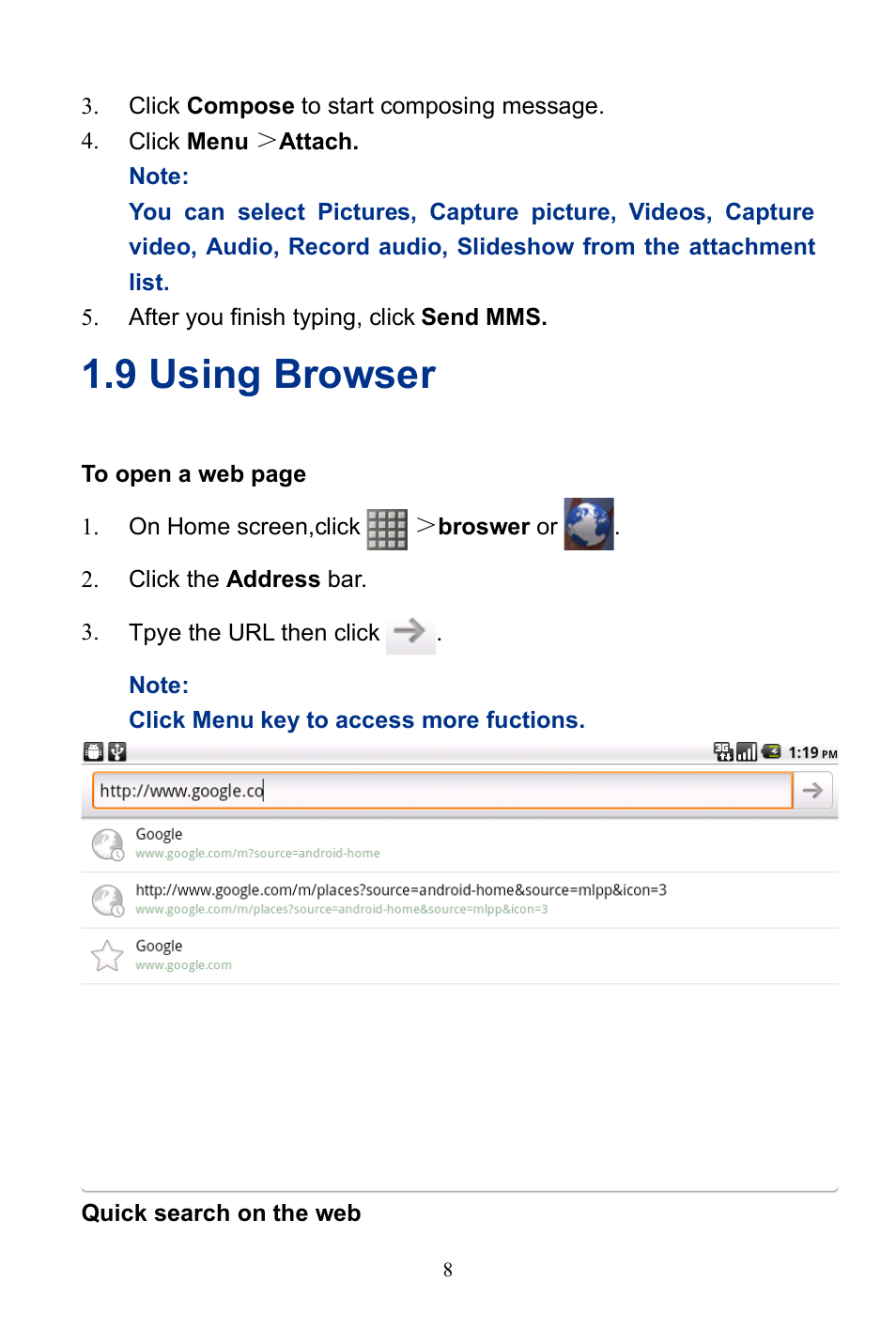 9 using browser | Verykool R800 User Manual | Page 13 / 29