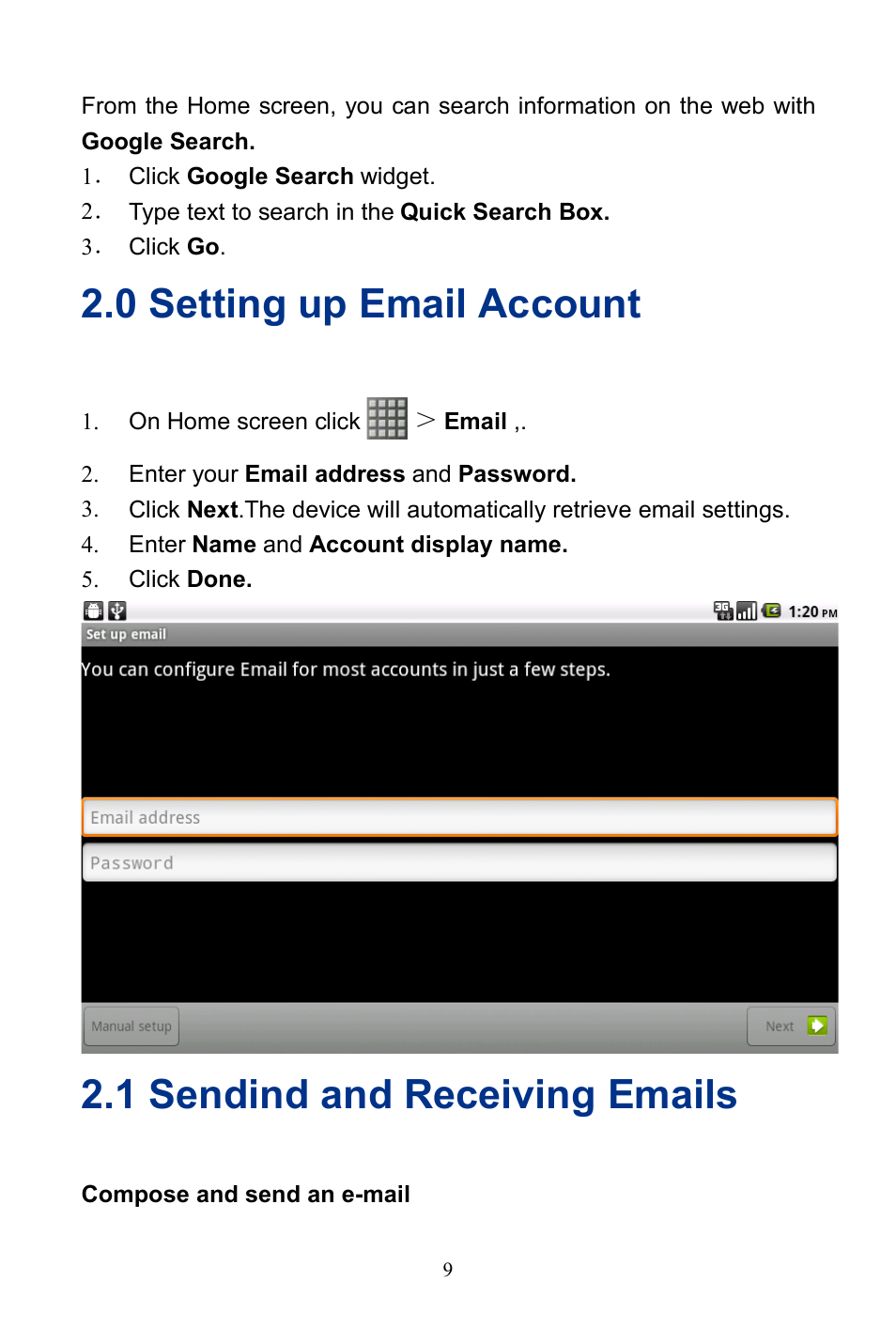 0 setting up email account, 1 sendind and receiving emails | Verykool R800 User Manual | Page 14 / 29