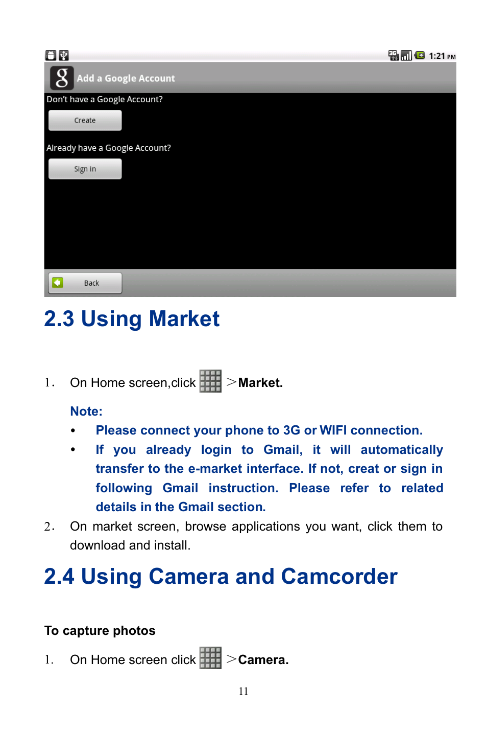 3 using market, 4 using camera and camcorder | Verykool R800 User Manual | Page 16 / 29