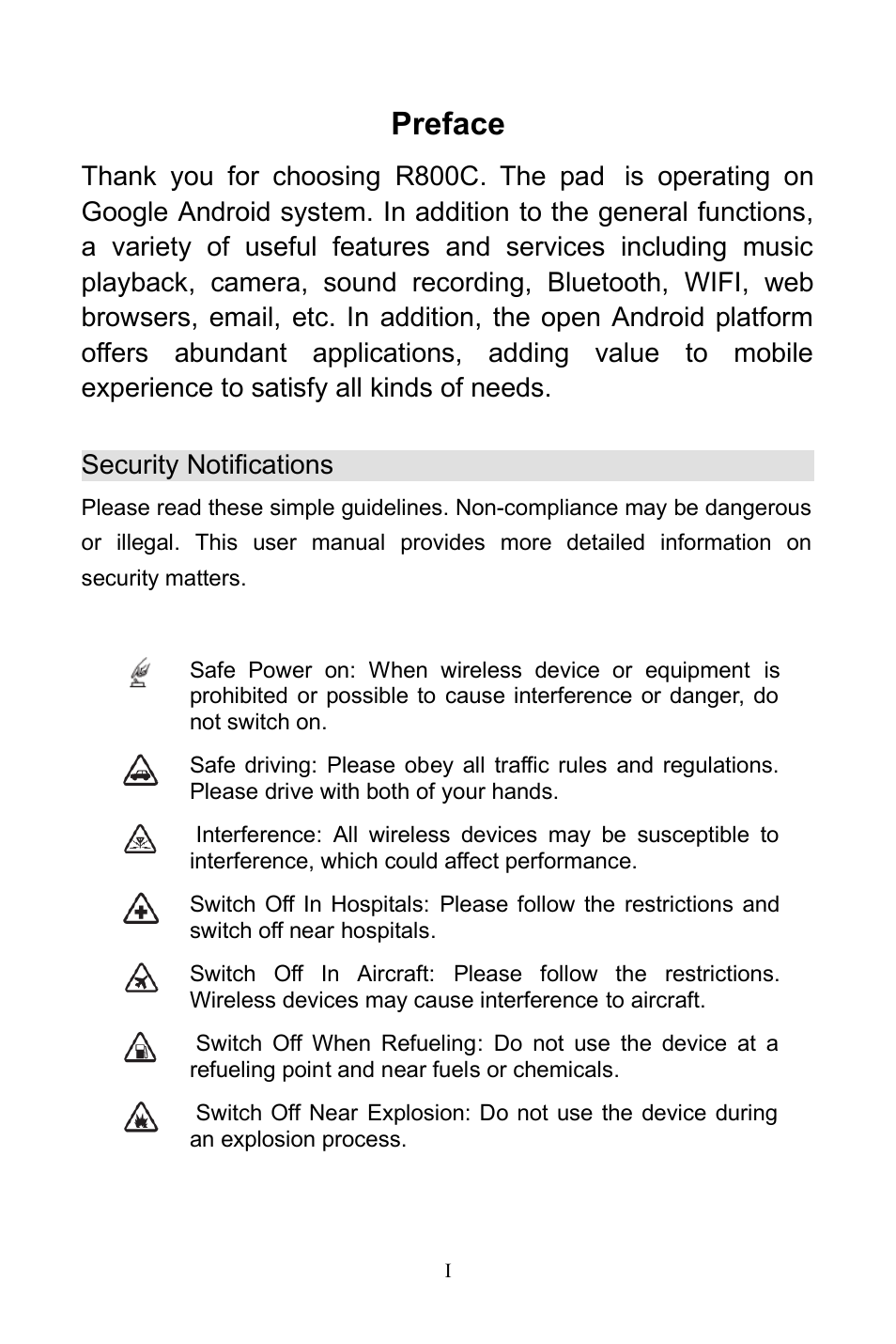 Security notifications, Preface | Verykool R800 User Manual | Page 3 / 29