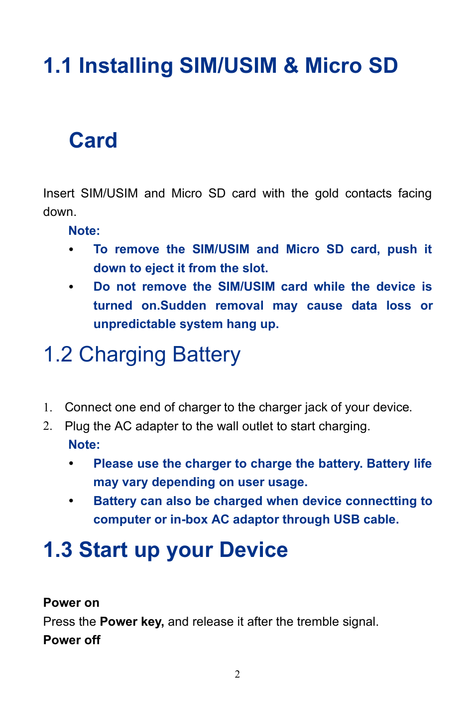 1 installing sim/usim & micro sd card, 2 charging battery, 3 start up your device | Verykool R800 User Manual | Page 7 / 29