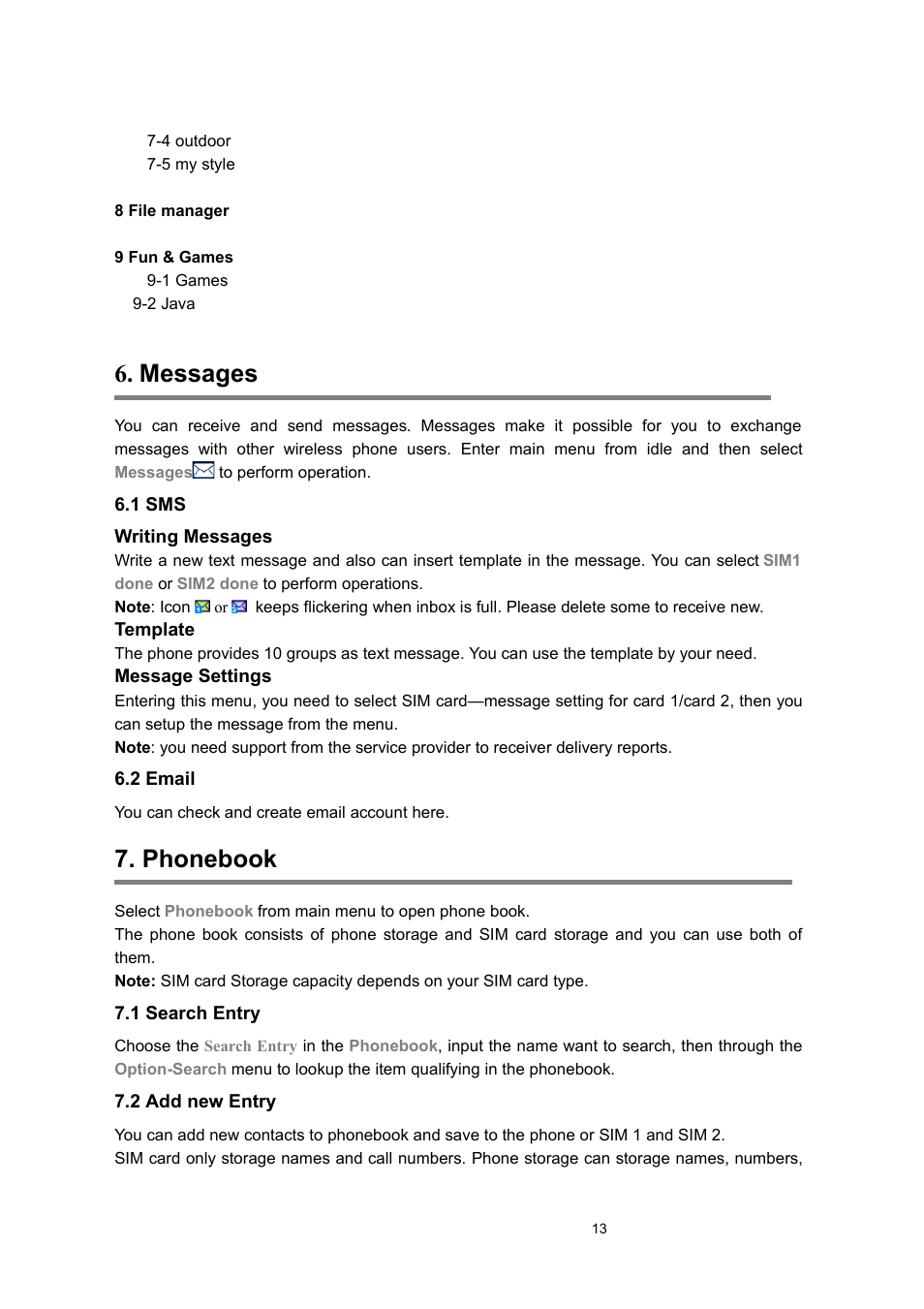 Messages, 1 sms, 2 email | Phonebook, 1 search entry, 2 add new entry | Verykool s135 User Manual | Page 13 / 25