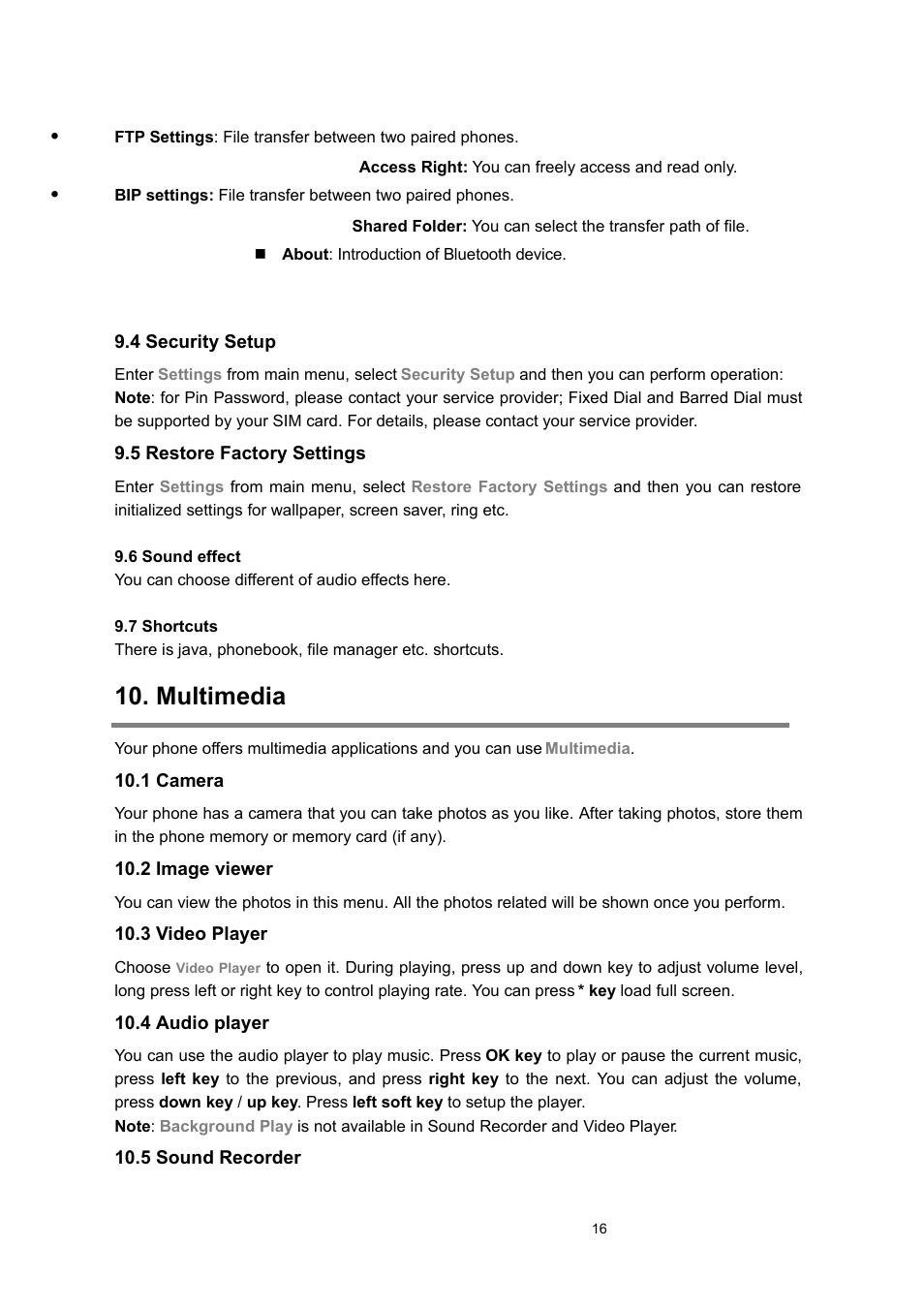 4 security setup, 5 restore factory settings, Multimedia | 1 camera, 2 image viewer, 3 video player, 4 audio player, 5 sound recorder | Verykool s135 User Manual | Page 16 / 25