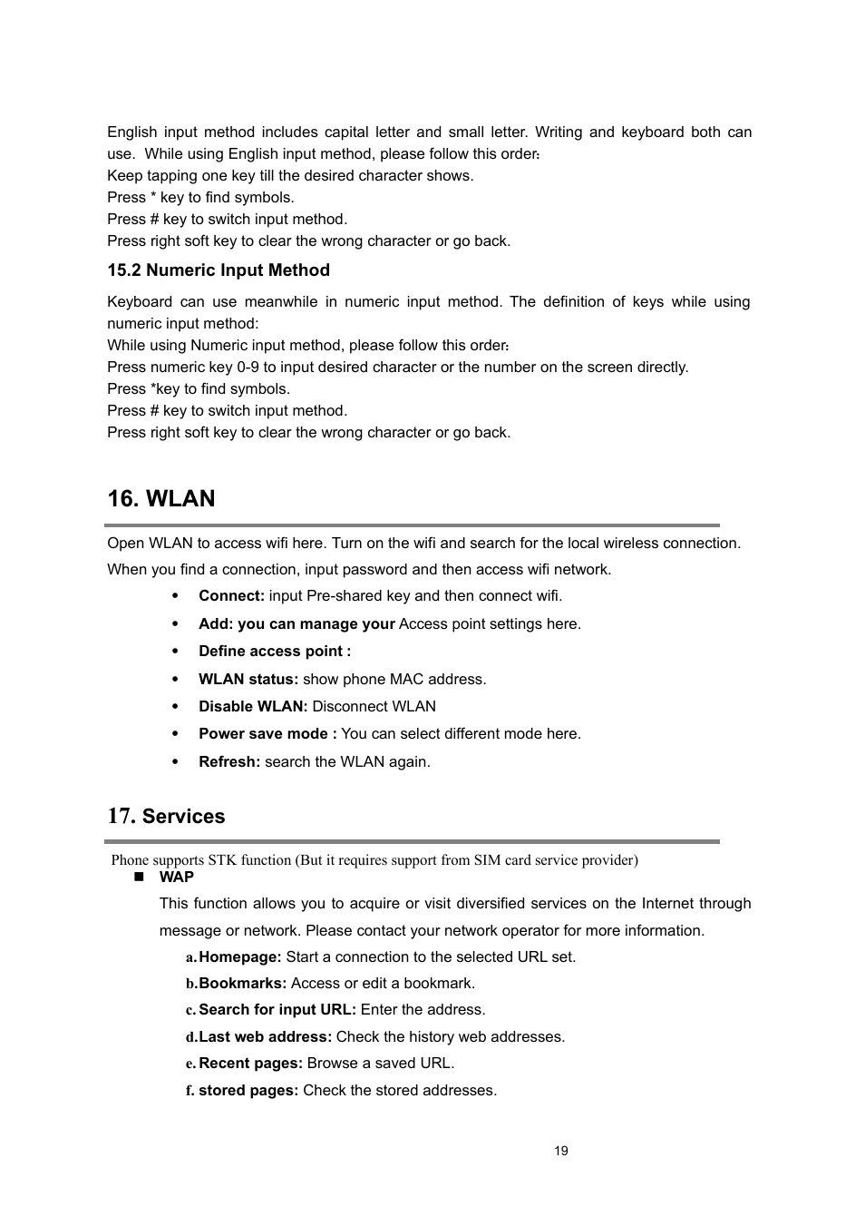 2 numeric input method, Wlan, Services | Verykool s135 User Manual | Page 19 / 25