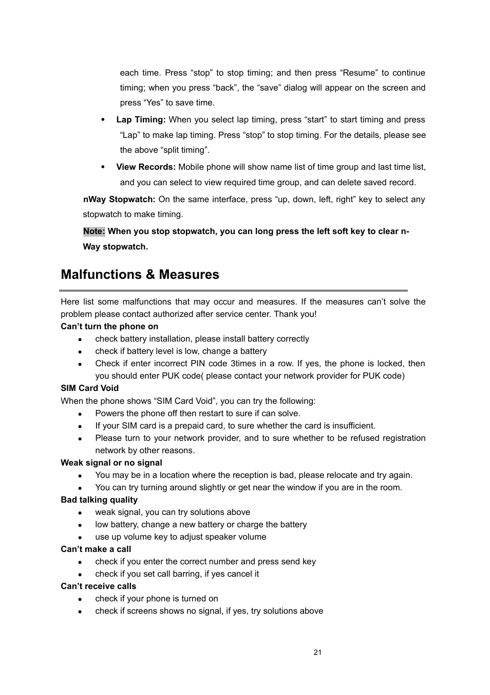 Malfunctions & measures | Verykool s135 User Manual | Page 21 / 25