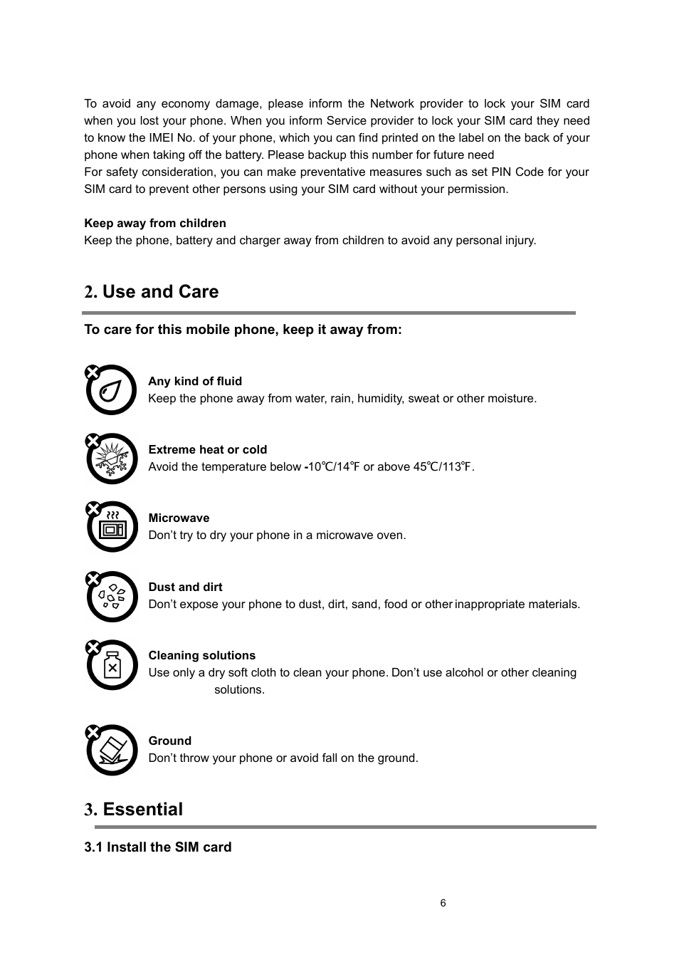 Use and care, Essential, 1 install the sim card | Verykool s135 User Manual | Page 6 / 25