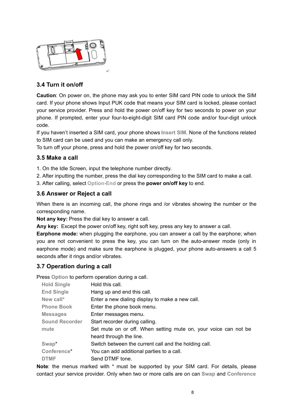 4 turn it on/off, 5 make a call, 6 answer or reject a call | 7 operation during a call | Verykool s135 User Manual | Page 8 / 25