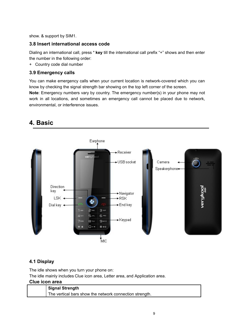 8 insert international access code, 9 emergency calls, Basic | 1 display | Verykool s135 User Manual | Page 9 / 25