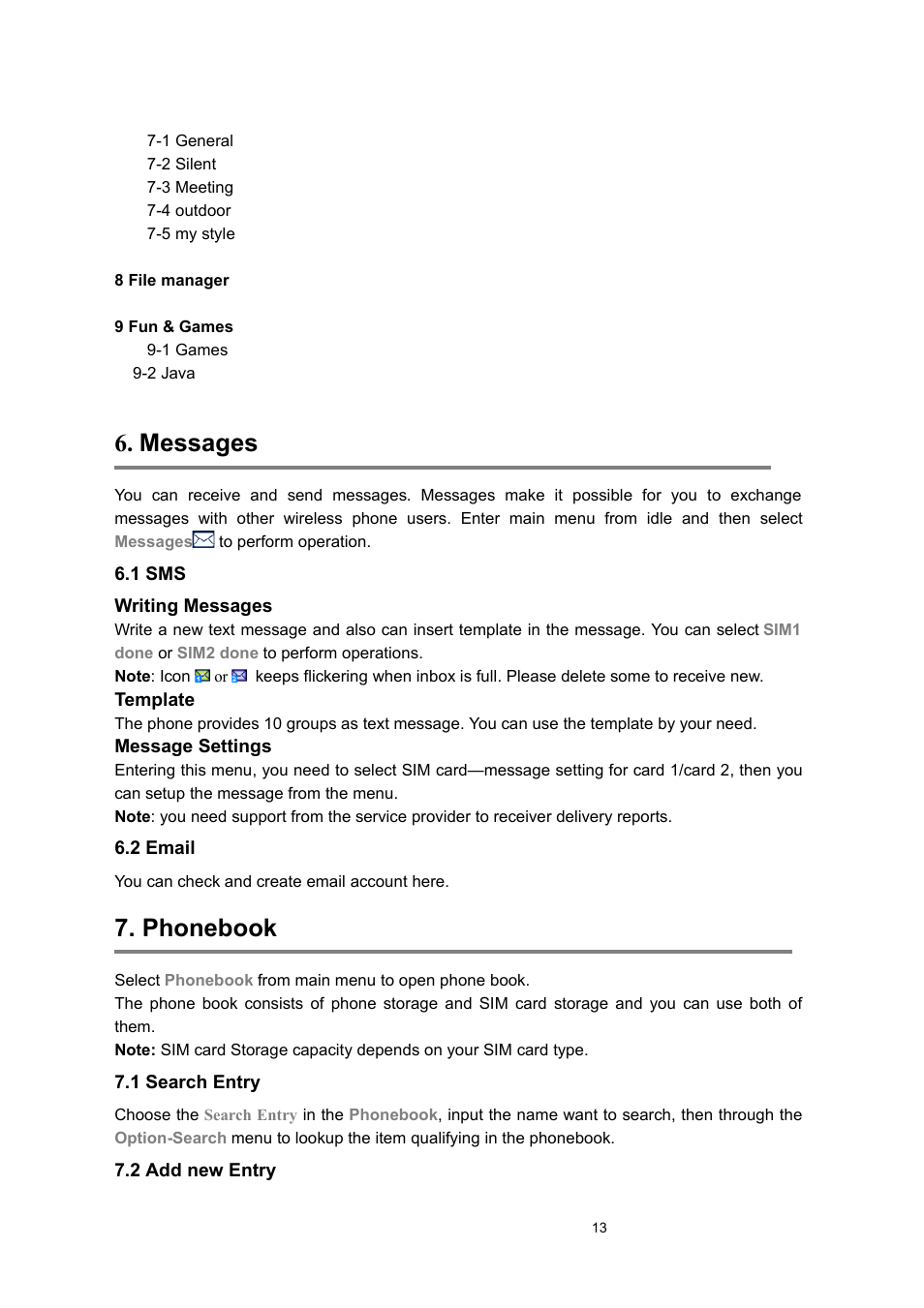 Messages, 1 sms, 2 email | Phonebook, 1 search entry, 2 add new entry | Verykool s635 User Manual | Page 13 / 25