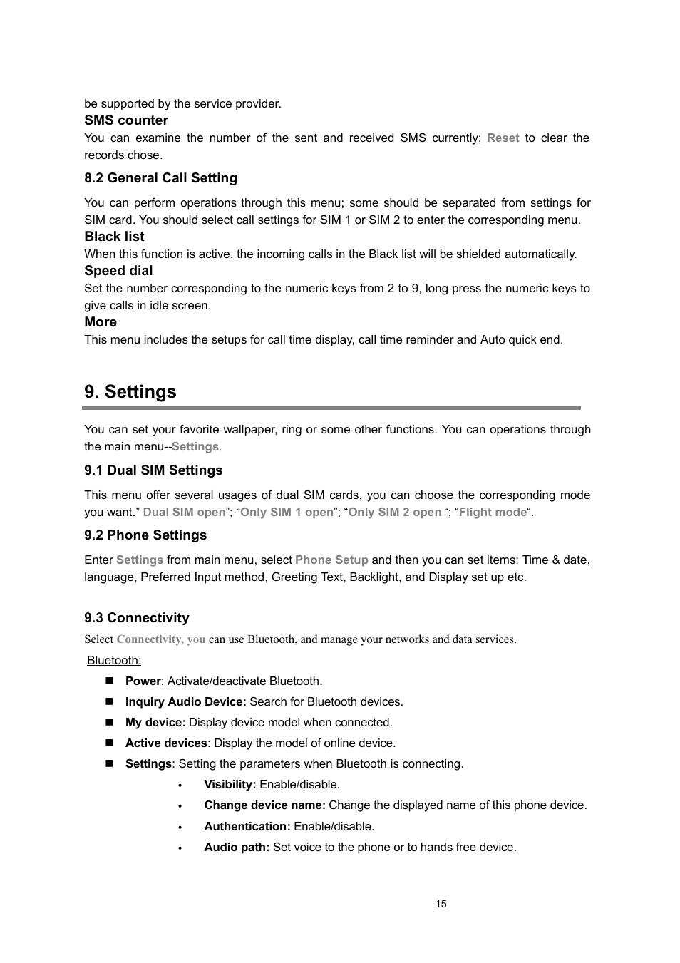 2 general call setting, Settings, 1 dual sim settings | 2 phone settings, 3 connectivity | Verykool s635 User Manual | Page 15 / 25