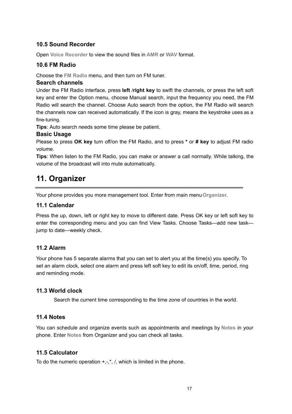 5 sound recorder, 6 fm radio, Organizer | 1 calendar, 2 alarm, 3 world clock, 4 notes, 5 calculator | Verykool s635 User Manual | Page 17 / 25