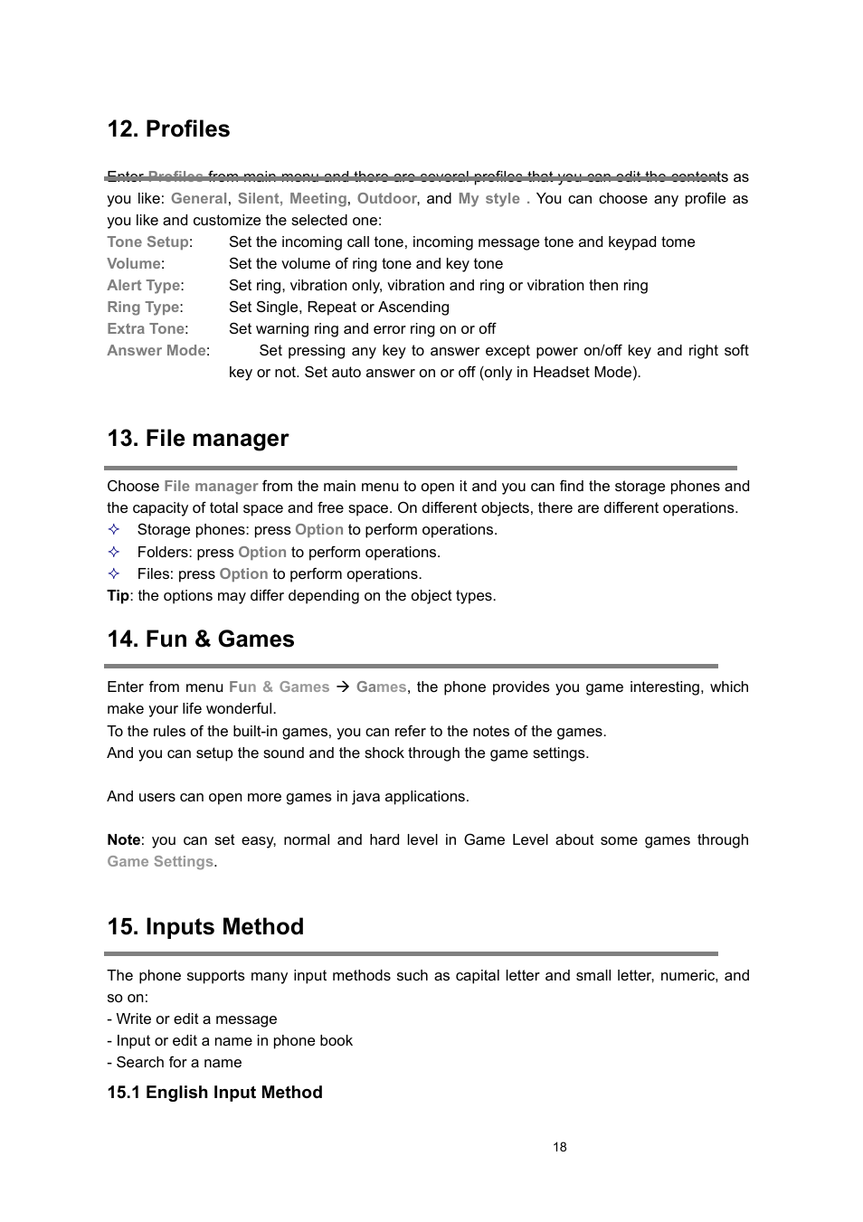 Profiles, File manager, Fun & games | Inputs method, 1 english input method | Verykool s635 User Manual | Page 18 / 25