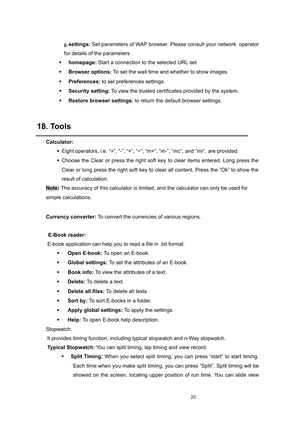 Tools, Stopwatch | Verykool s635 User Manual | Page 20 / 25