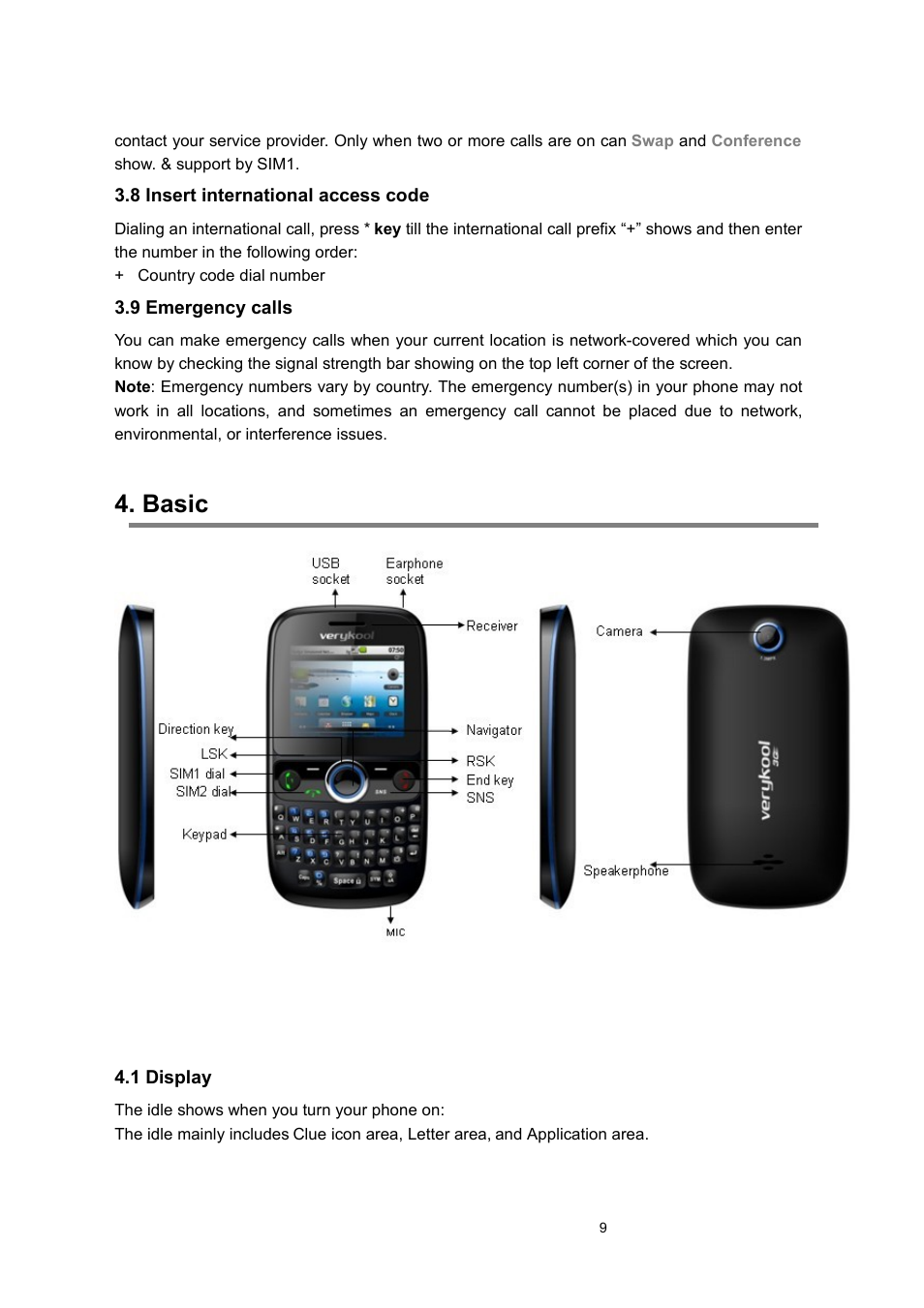 8 insert international access code, 9 emergency calls, Basic | 1 display | Verykool s635 User Manual | Page 9 / 25