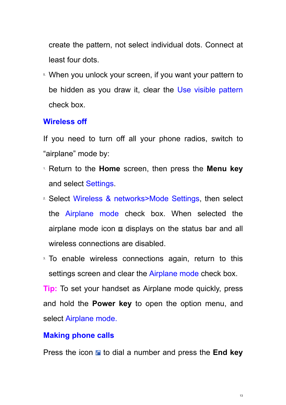 Wireless off, Making phone calls | Verykool s700 User Manual | Page 13 / 87