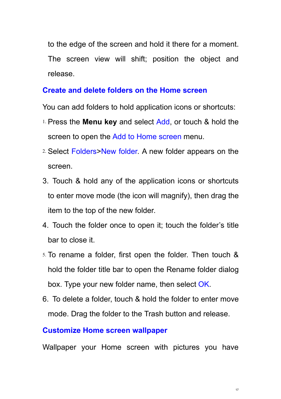 Create and delete folders on the home screen, Customize home screen wallpaper | Verykool s700 User Manual | Page 17 / 87