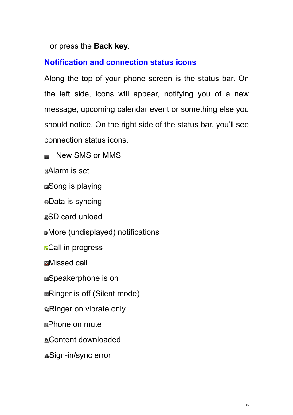 Notification and connection status icons | Verykool s700 User Manual | Page 19 / 87