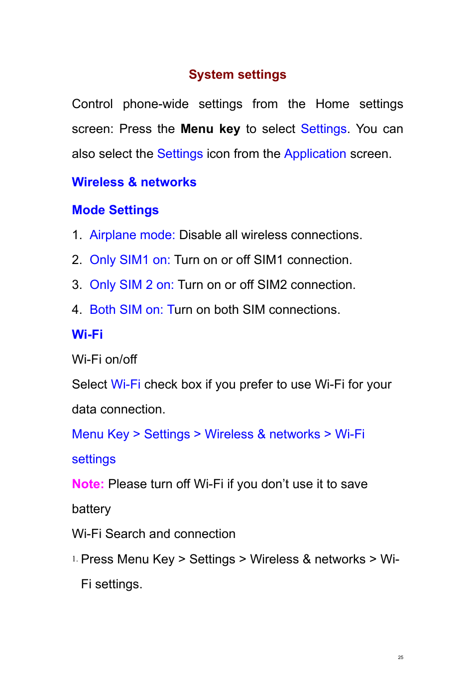 System settings, Wireless & networks | Verykool s700 User Manual | Page 25 / 87