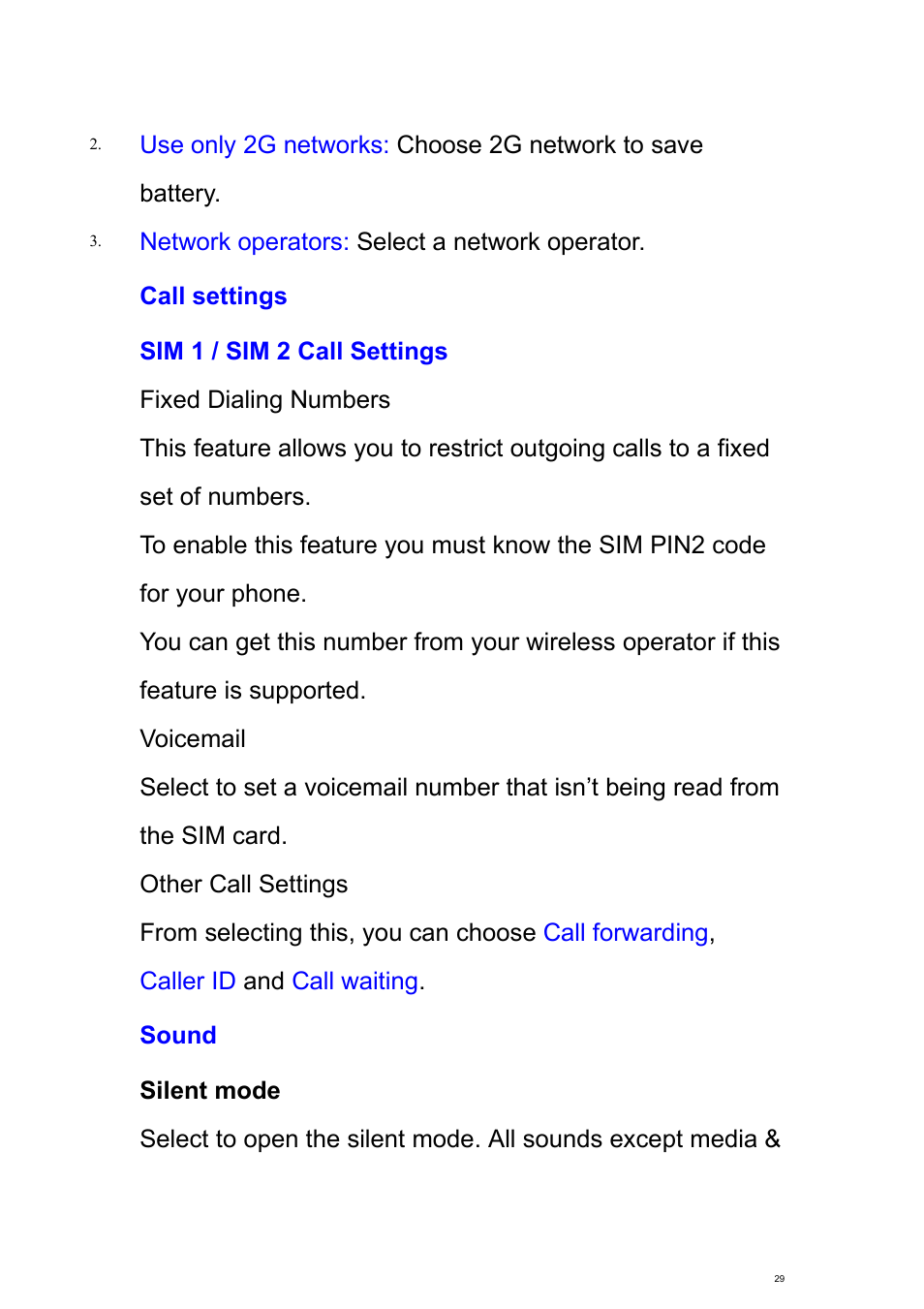 Call settings, Sound | Verykool s700 User Manual | Page 29 / 87